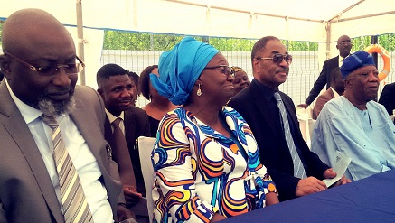 (L-r): Tomi Ogobi, chairman of Board of Management, St. Saviour's School, Dame Abimbola Fashola, first lady of Lagos State, L. N. Mbanefo, chairman, Board of Trustees, St. Saviour's School and Sir (Chief) Dr. Kensington Adebutu, the donor, during the launch of St. Saviour's School Ebute-Metta’s world-class swimming pool project in Lagos on Tuesday, April 28, 2015.